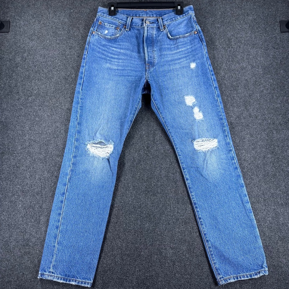 Levi's 501 Original Fit Jeans Womens W28 L30 Blue Distressed Ripped Straight Leg